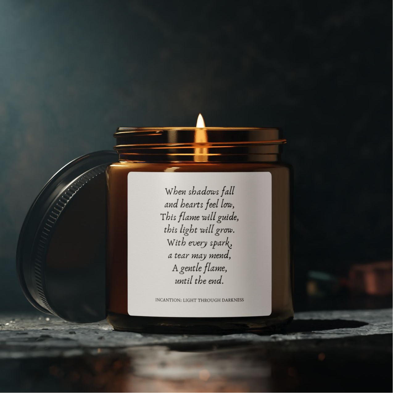 Incantation for Light through Darkness Candle, Scented Soy Candle (4 oz, Amber Jar)